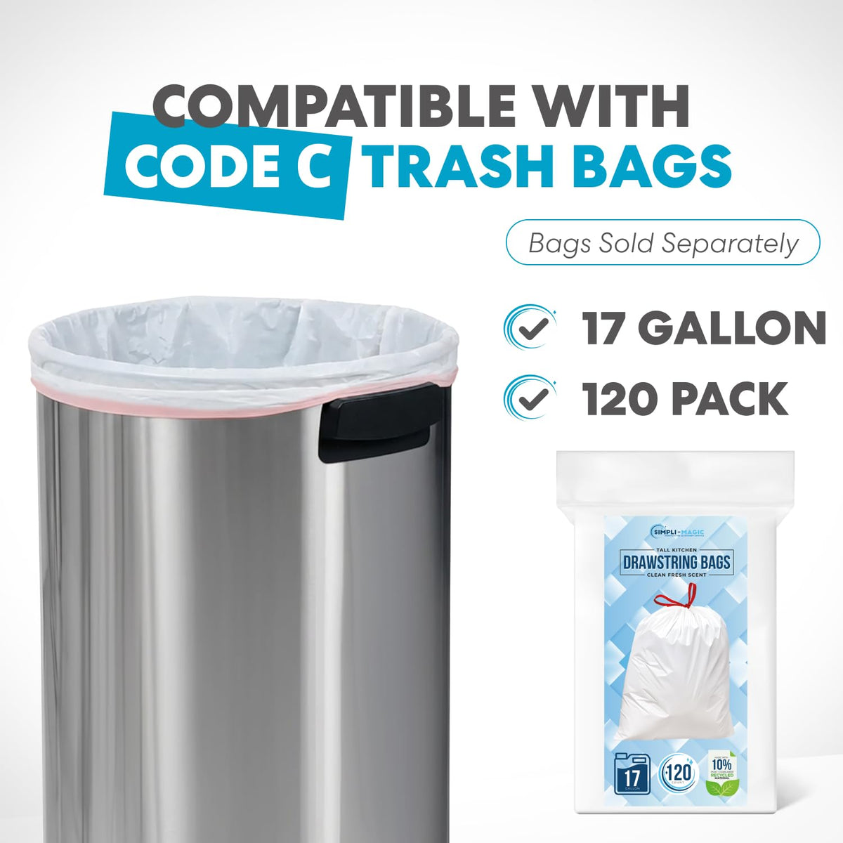 Simpli-Magic Bote de basura de 65 litros, grado comercial, acero inoxidable