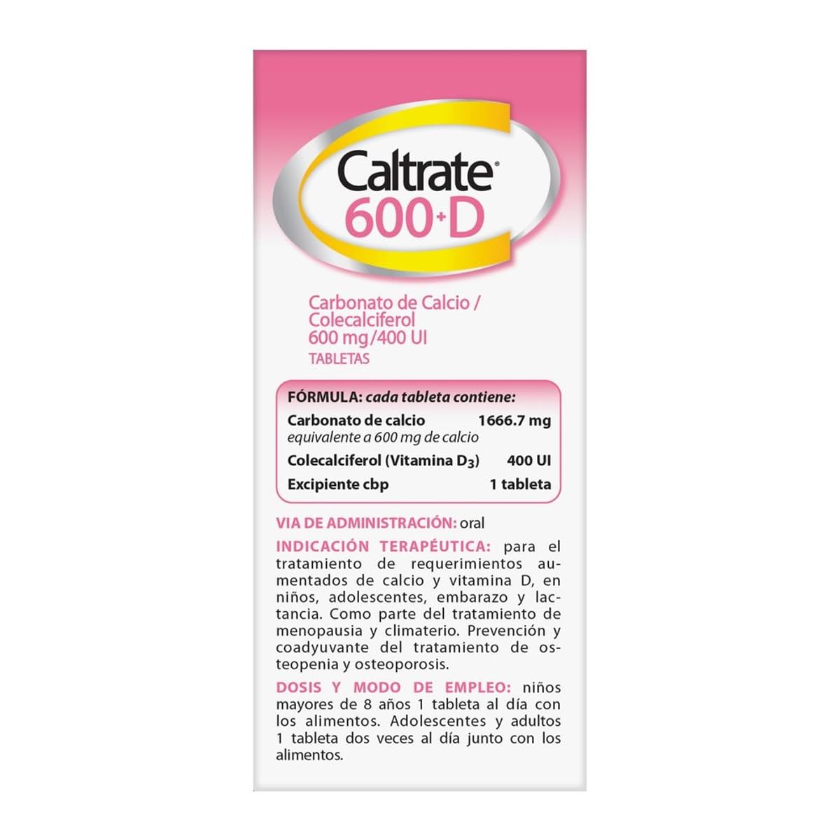 Caltrate Suplemento de Calcio 600 +D 600mg / 400 UI Frasco con 60 tabletas