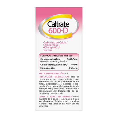 Caltrate Suplemento de Calcio 600 +D 600mg / 400 UI Frasco con 60 tabletas