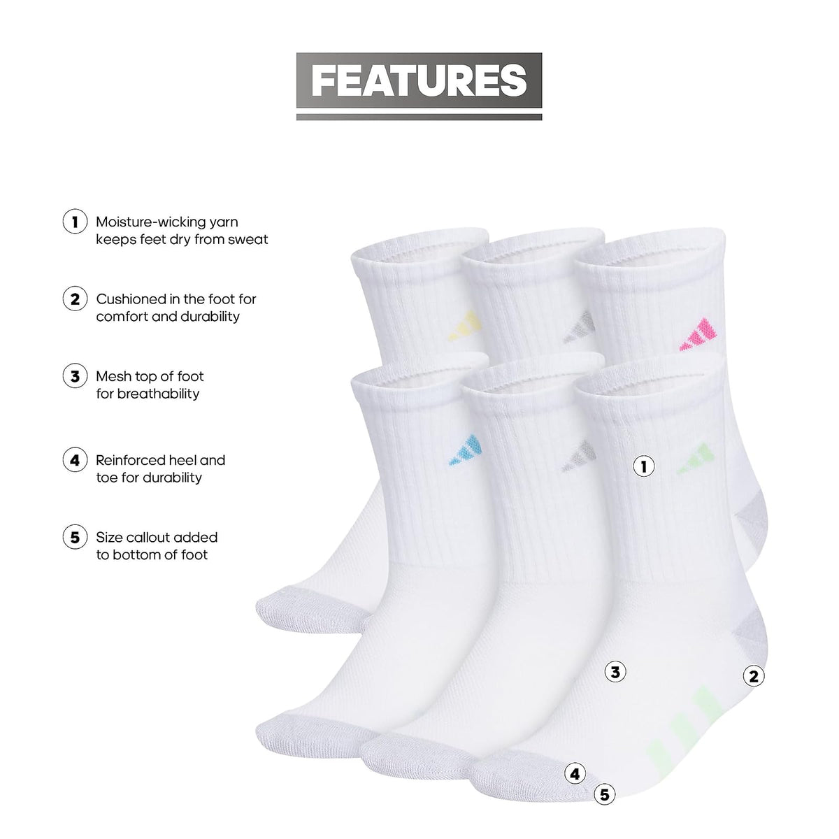 adidas Calcetines deportivos acolchados (6 pares) para niños, duraderos, transpirables y atléticos Calcetines deportivosNiñas