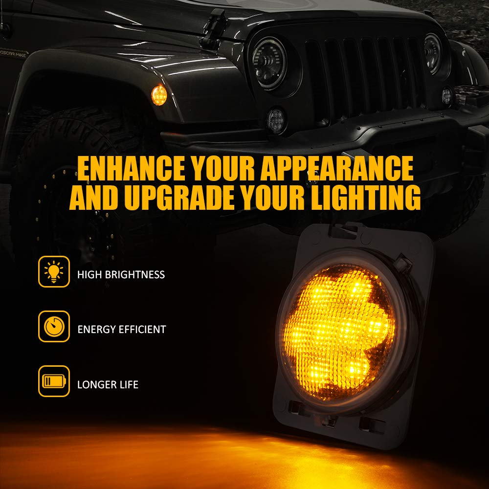 Xprite LED Smoke Lens Turn Signal Lights with Halo DRL and Parking Function & Front Fender Side Marker Amber Light Assembly Replacement Combo for 2007-2018 Jeep Wrangler JK & Wrangler Unlimited