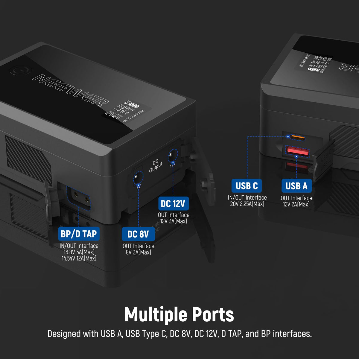 NEEWER Mini V Mount Battery con D Tap/USB C/USB A/BP/Puertos DC Dobles/Pantalla OLED, 3450mAh 50Wh 14.54V V V Lock Batería Soporta 45W PD Carga Rápida para Monitor de Cámara Luz de Video, PS050E