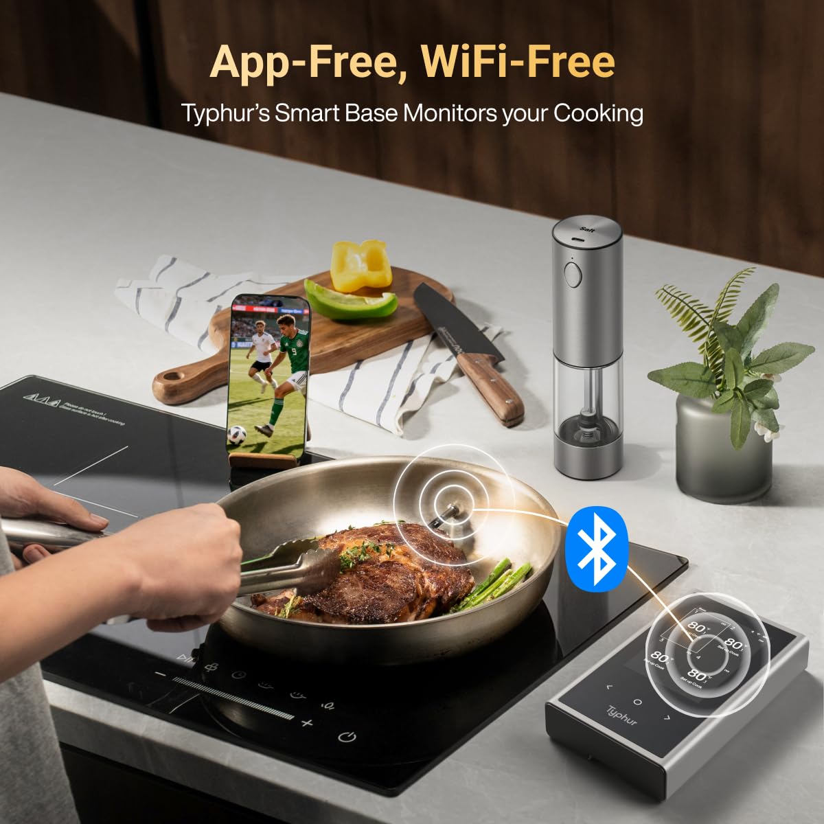 Typhur Sync - Termómetro inalámbrico para carne Quad Gen 2 | 4 sondas | 6 sensores | visualización LCD | WiFi y Bluetooth 5.3 | Estabilidad y alcance mejorados | IPX8 impermeable | para barbacoa