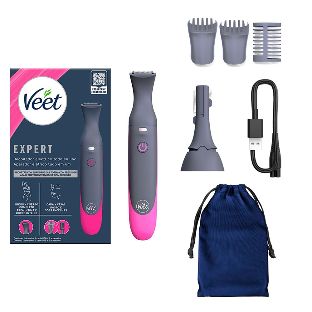 Veet® Expert Recortador Eléctrico todo en uno para mujer | Recortador de vello eléctrico para zona de bikini, cara y cejas | Recargable con carga USB y accesorios | 100% resistente al agua