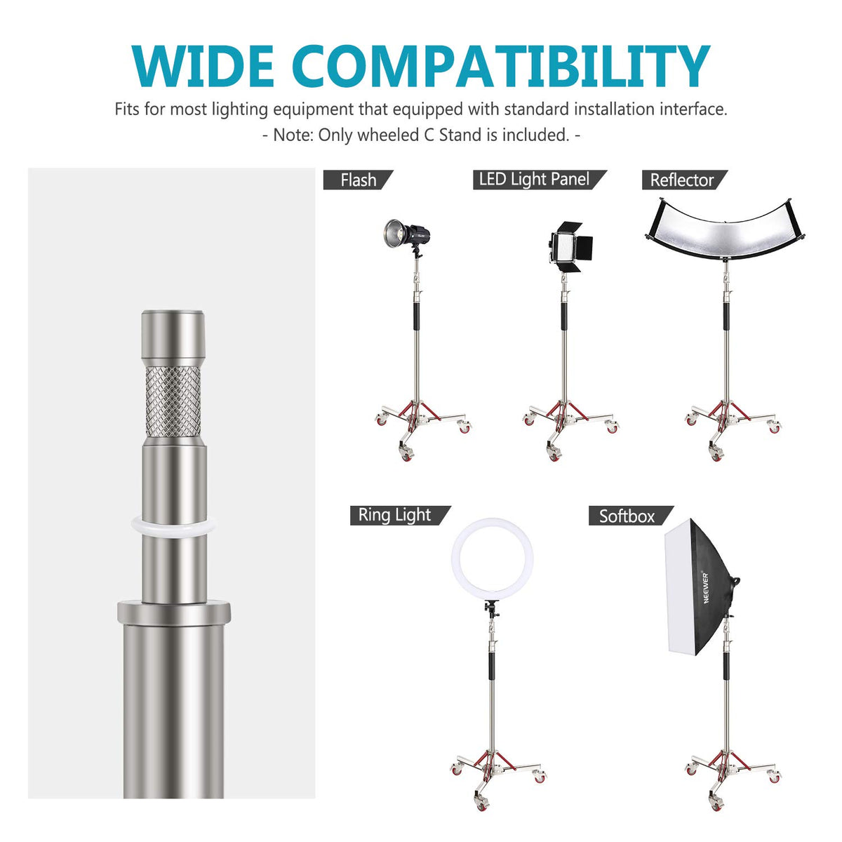 NEEWER Resistente Soporte de Luz con Casters, 100% Acero Inoxidable Tripode | Adjustable, Fotografia Wheeled Base Soporte, para Estudio Softbox, Monolight, Reflector, Max Height: 10ft/305cm
