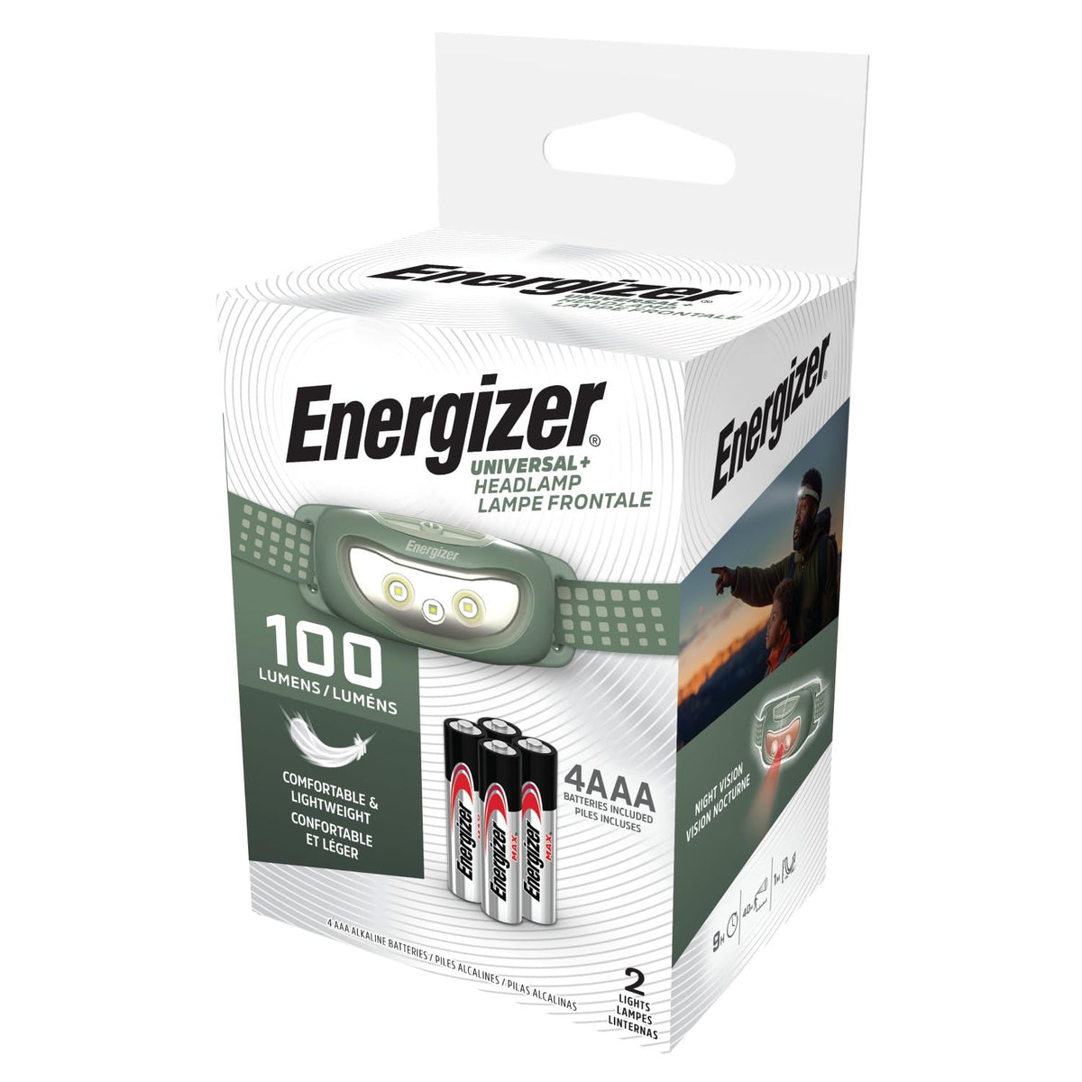Energizer Universal+ - Faros delanteros LED (2 unidades), IPX4 resistentes al agua, luz de cabeza brillante para exteriores, camping, correr, tormenta, luz LED de supervivencia para emergencias