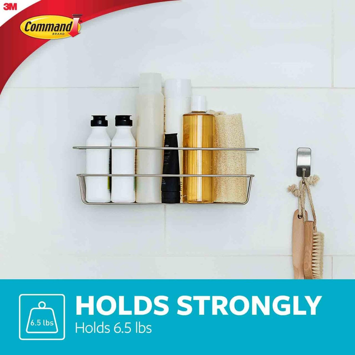 Command - Organizador de baño de níquel satinado con tiras resistentes al agua, organizador de baño, soporta hasta 6 libras