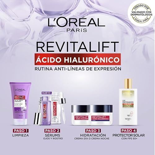 L'Oréal Paris Rutina facial hidratante Revitalift Ácido Hialurónico (2 piezas): Crema de día FPS20 50ml + Crema de noche 50ml. Hidrata y rellena líneas de expresión, para todo tipo de piel