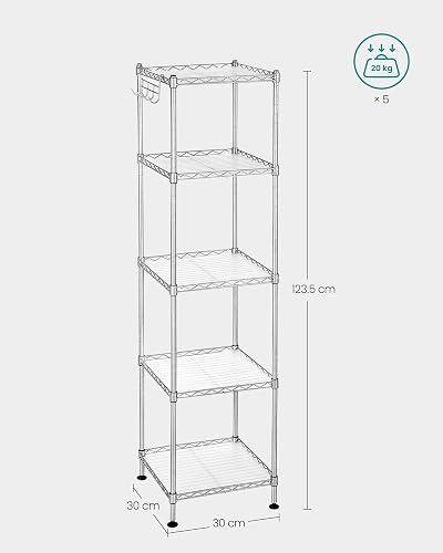 SONGMICS Estantería de Baño de Metal, Carga 20 kg por Nivel, Gris y Blanco | Organizador con 5 Hojas de PP, 30 x 30 x 121 cm, Diseño Expandible, Colección DALTEN MLGR023S01