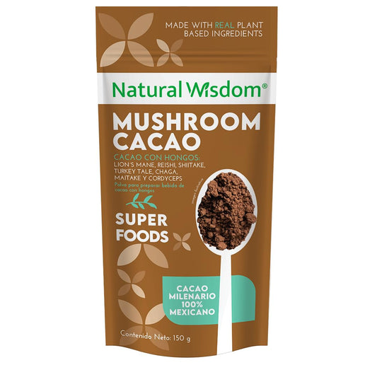 NW Mushroom Cacao Polvo 150gr para Bebidas con Polvo de Cacao y Mezcla de Hongos Nootrópico 100% Natural | Reishi, Melena de Leon Cordyceps Maitake Chaga Shitake, Turkey Tail