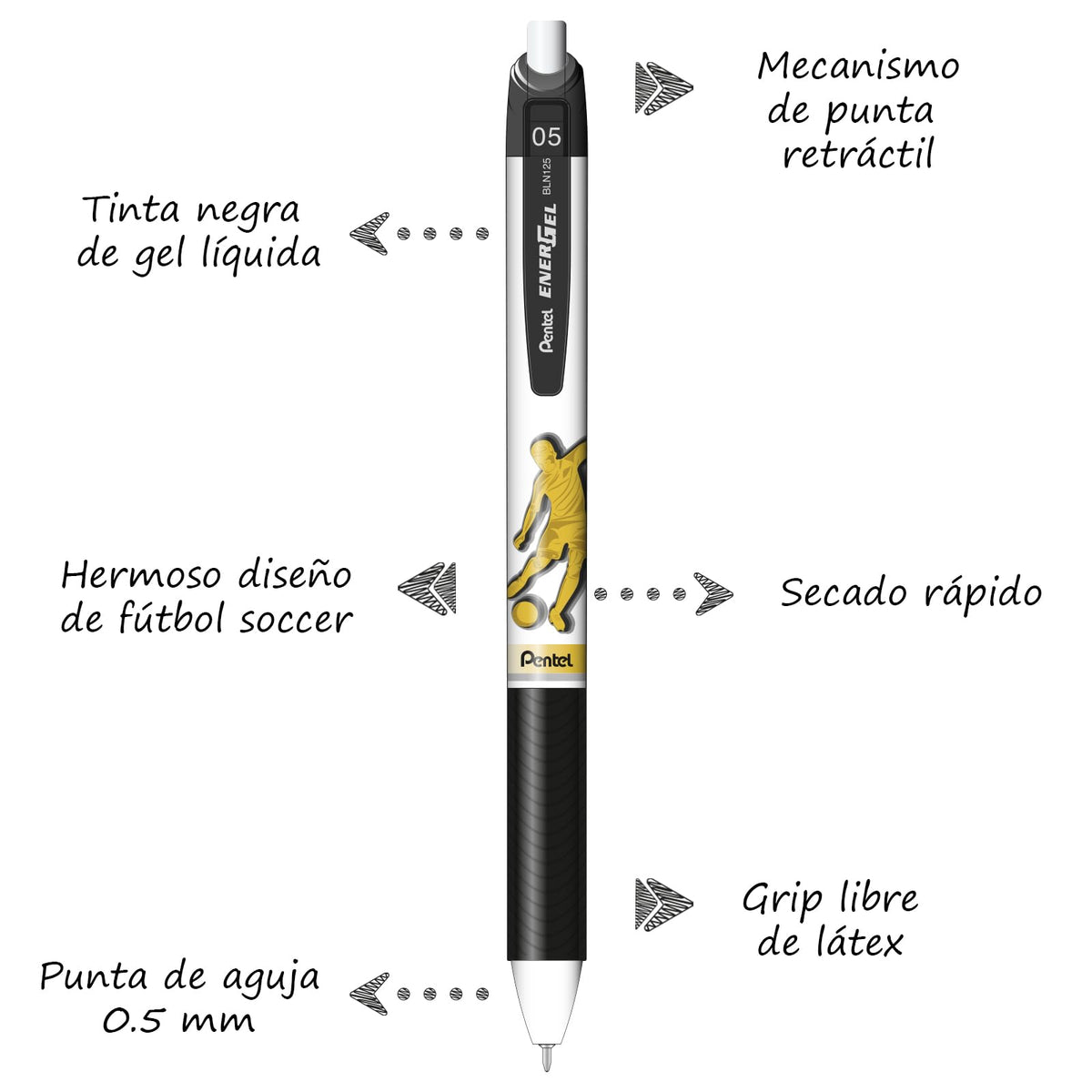 Pentel EnerGel, Bolígrafo de Gel Retráctil/Pluma Recargable, Punta de Aguja 0.5 mm, Edición Especial Fútbol, Tinta Negra de Secado Rápido, Cuerpo Blanco, Paquete de 10 Piezas, BLN125FBW-A