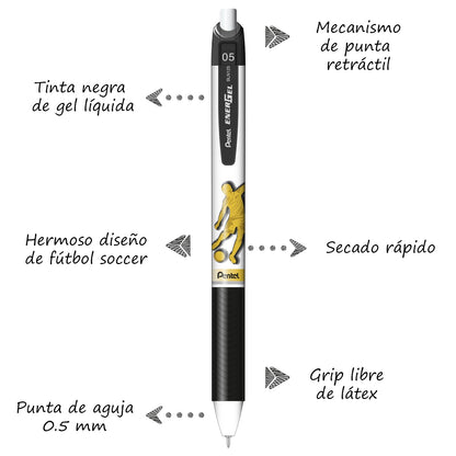 Pentel EnerGel, Bolígrafo de Gel Retráctil/Pluma Recargable, Punta de Aguja 0.5 mm, Edición Especial Fútbol, Tinta Negra de Secado Rápido, Cuerpo Blanco, Paquete de 10 Piezas, BLN125FBW-A