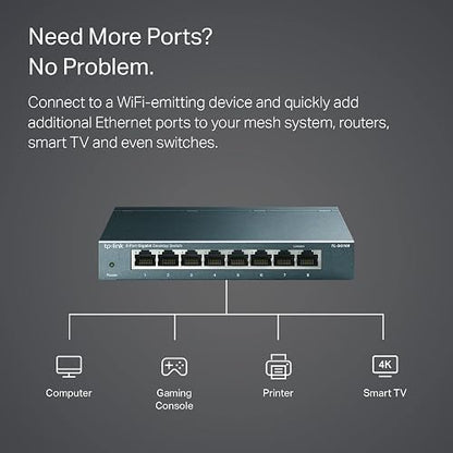 TP-Link Switch de Red Gigabit TL-SG108 - 8 Puertos RJ45 Gigabit - Carcasa Metálica - Plug and Play - QoS e IGMP Snooping - Ahorro de Energía