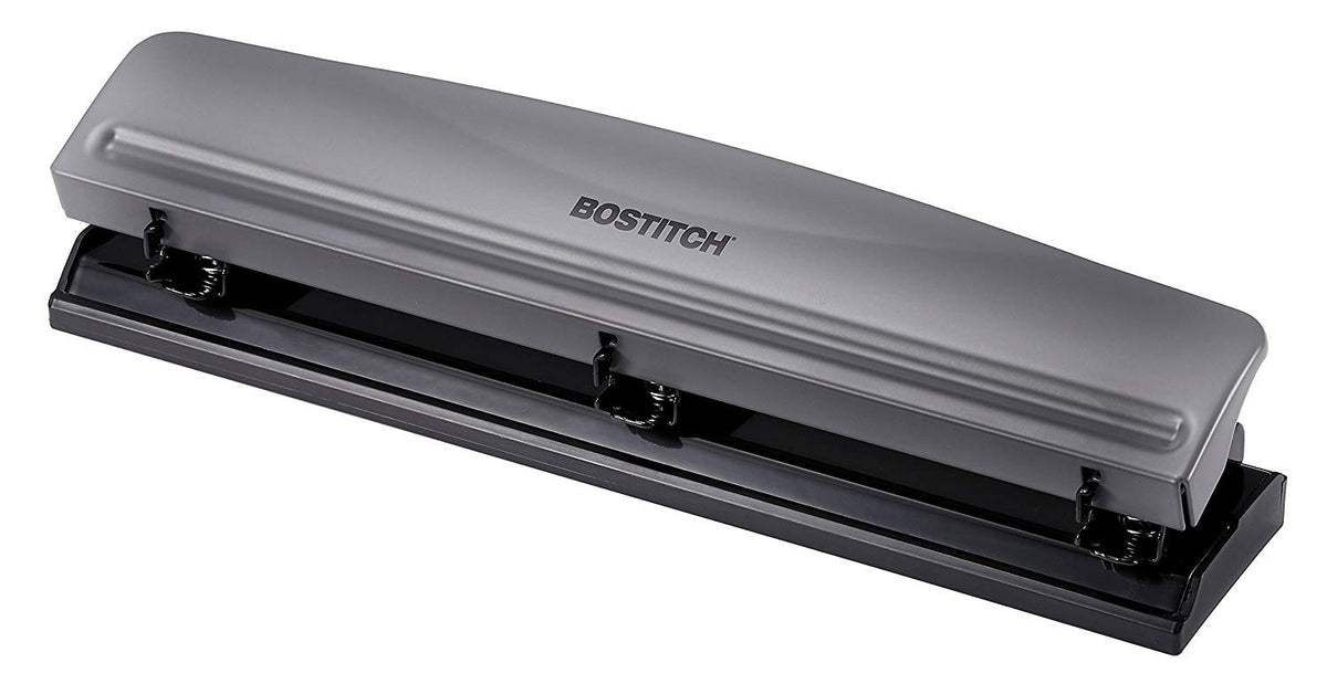 Bostitch Office Premium - Perforador de 3 agujeros, capacidad de 12 hojas, metal, base de goma, bandeja de fácil limpieza, plata, gris