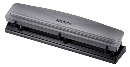 Bostitch Office Premium - Perforador de 3 agujeros, capacidad de 12 hojas, metal, base de goma, bandeja de fácil limpieza, plata, gris