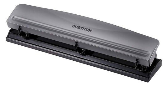 Bostitch Office Premium - Perforador de 3 agujeros, capacidad de 12 hojas, metal, base de goma, bandeja de fácil limpieza, plata, gris