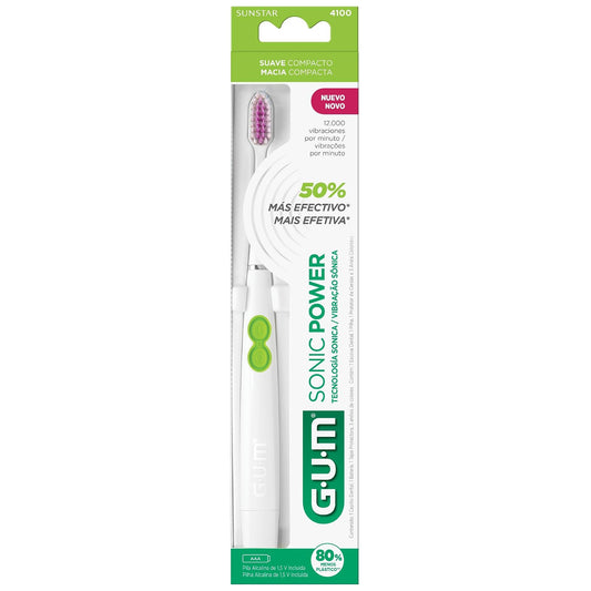 GUM - Cepillo Sónico con 12,000 Vibraciones por Minuto y Cerdas Ultrafinas Suaves - Mango Ergonómico, Cabezal Intercambiable y Batería Incluida - 1 Unidad