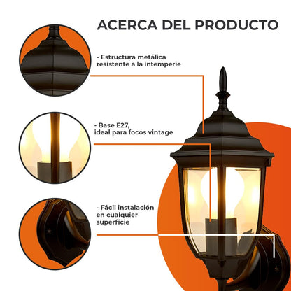 Tecnolite - Lámpara de Pared Arbotante Tipo Farol Vintage Exterior, Base E27, Potencia Máx. 60 W, IP44, No incluye foco