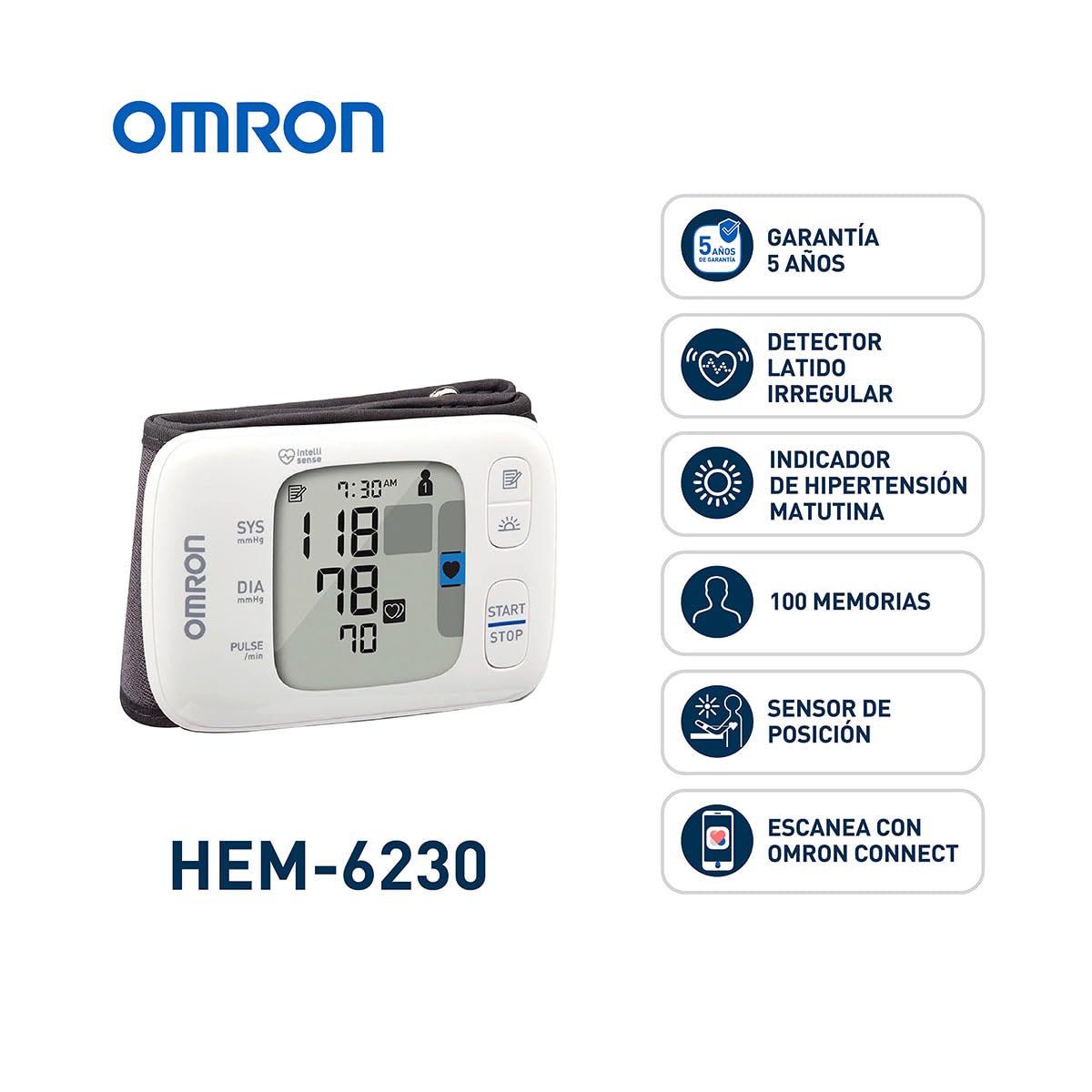 OMRON Baumanómetro automático de muñeca HEM-6230 compatible con app OMRON connect
