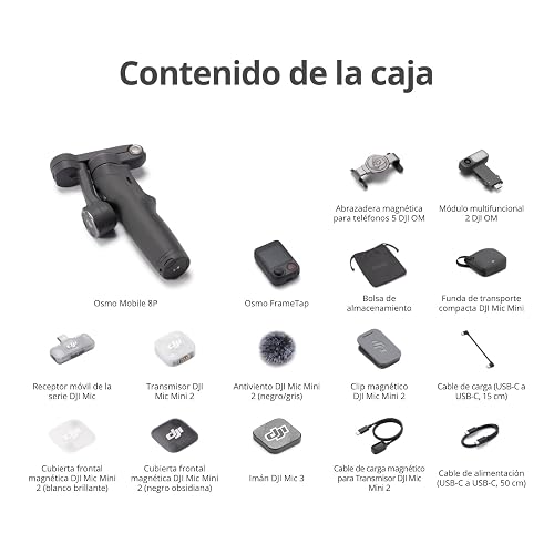 Osmo Mobile 8P + Transmisor Mic Mini 2, gimbal móvil, micró inalámbrico | Estabilizador (iPhone&Android), audio lleno de detalles, OsmoAudio, cancelación activa de ruido, estabilización de 3 ejes