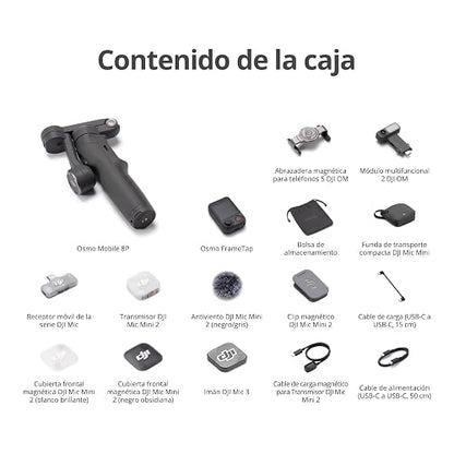 Osmo Mobile 8P + Transmisor Mic Mini 2, gimbal móvil, micró inalámbrico | Estabilizador (iPhone&Android), audio lleno de detalles, OsmoAudio, cancelación activa de ruido, estabilización de 3 ejes