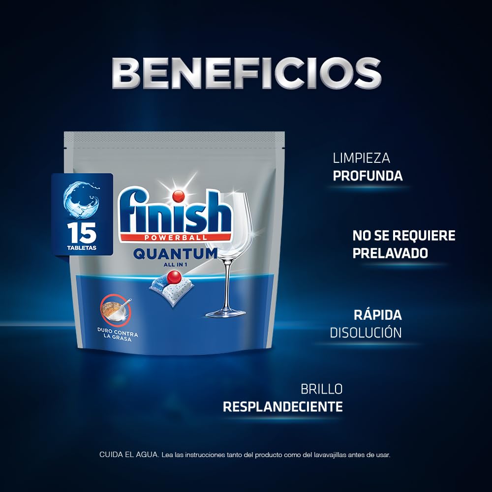 Finish® Quantum Detergente en Tabletas para Lavavajillas, 15 tabletas, Sin necesidad de pre-lavar para una limpieza profunda y duro contra la grasa