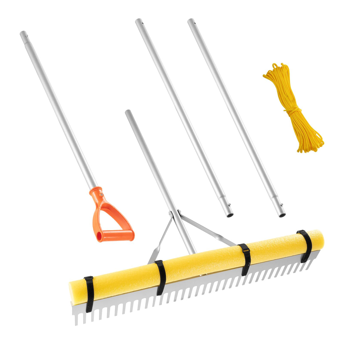 VEVOR Rastrillo de Aluminio, Cabezal 914 mm, Mango 2590 mm, Herramienta Grande para Jardinería, Aflojamiento de Tierra, Jardinería, Grava de Estanques y Cuidado del Césped de Playa, 34 Dientes