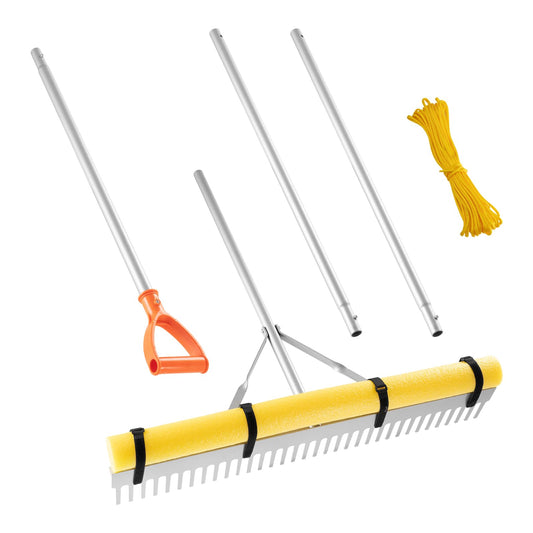 VEVOR Rastrillo de Aluminio, Cabezal 914 mm, Mango 2590 mm, Herramienta Grande para Jardinería, Aflojamiento de Tierra, Jardinería, Grava de Estanques y Cuidado del Césped de Playa, 34 Dientes