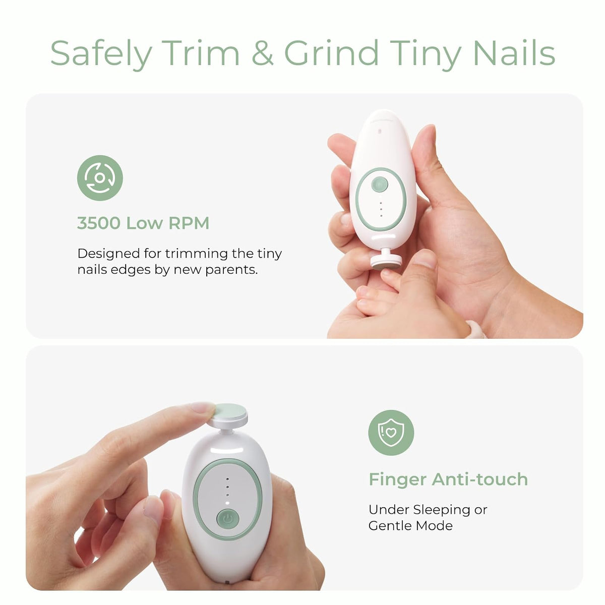 Momcozy Lima de Uñas Eléctrica Recargable para Bebé, Cortaúñas Infantil con Luz Nocturna, 7 Cabezales de Repuesto, Color Verde