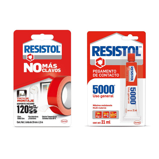 Resistol No Más Clavos Cinta de Montaje Doble Cara, 120 kg - Cinta de Montaje + Resistol 5000, pegamento