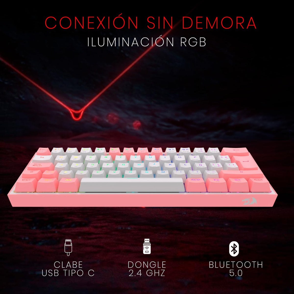Redragon Teclado mecánico Fizz Pro Blanco/Rosa K616-RGB-WP SP Español Latinoamerica, tamaño 60%, RGB, Wireless dongle USB 2.4Ghz, Bluetooth 5.0, Compacto de 61 Teclas, switches Red, Software