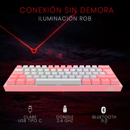 Redragon Teclado mecánico Fizz Pro Blanco/Rosa K616-RGB-WP SP Español Latinoamerica, tamaño 60%, RGB, Wireless dongle USB 2.4Ghz, Bluetooth 5.0, Compacto de 61 Teclas, switches Red, Software