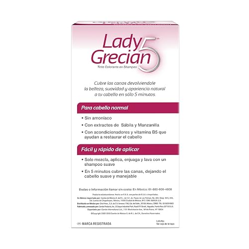 Grecian, Lady Grecian 5, Tinte Colorante en Shampoo, Cubre las Canas, Sin Amoniaco, Para Cabello Normal, Castaño a Negro, 120 ml