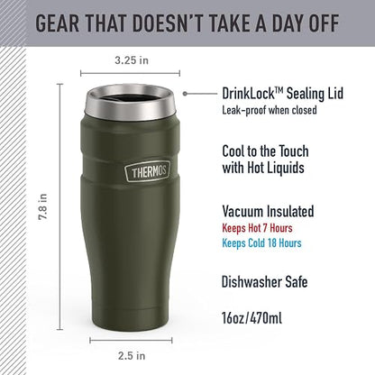 Thermos Staineless Steel King 16 Ounce Travel Tumbler, Army Green | Vaso de café aislado al aspiradora para bebidas calientes y frías, para viajes y viajes