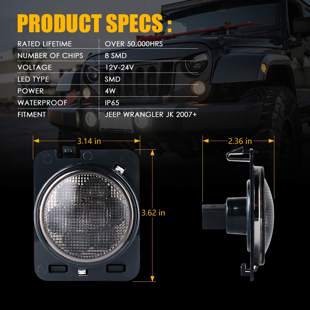 Xprite Luces para Loderas Cuartos Laterales LED Ambar Amarillo con lente Ahumado para 2007-2017 Jeep Wrangler