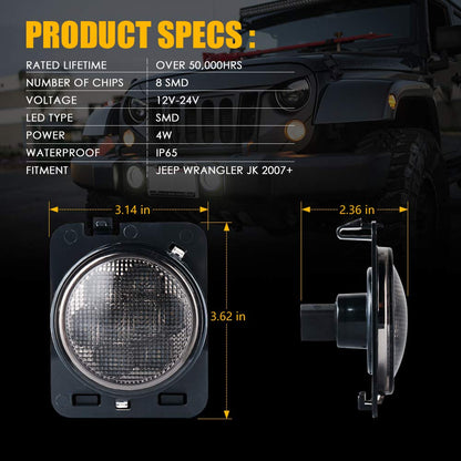 Xprite Luces para Loderas Cuartos Laterales LED Ambar Amarillo con lente Ahumado para 2007-2017 Jeep Wrangler