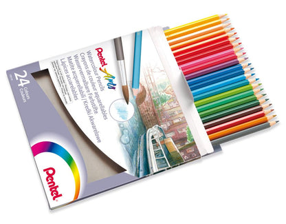 Pentel Arts Lápices de Colores Acuarelables, Mina Gruesa, Estuche con 24 Piezas, CB9-24-EST