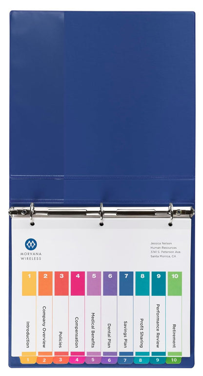 Avery 11188 - Divisores de 10 pestañas para carpetas de 3 anillos, tabla de contenido personalizable, pestañas multicolores, 6 juegos