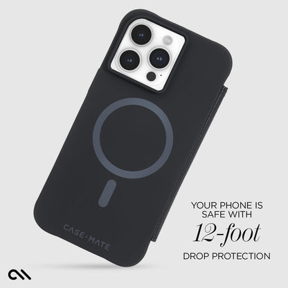 Case-Mate - Funda tipo portafolios para iPhone 15 Pro Max, color negro [protección contra caídas de 12 pies] [compatible con MagSafe] Funda magnética con tapa tipo folio hecha con piel guijarro auténtico, soporte de paisaje, efectivo y tarjetero