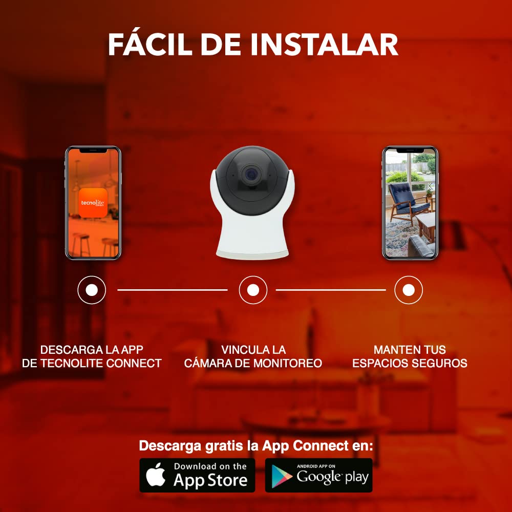 Tecnolite Connect - Cámara de Monitoreo Inteligente WiFi Interiores, Altavoz y Micrófono, Visión Nocturna, Compatible con App móvil y Asistentes de voz