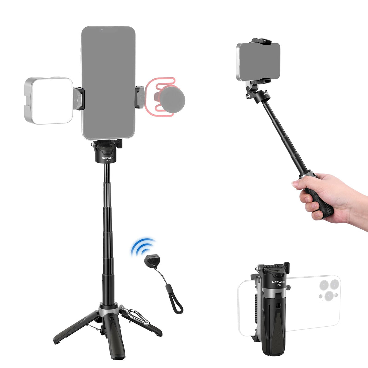 NEEWER Palo Selfie con Obturador Remoto Bluetooth Desmontable, Trípode Viaje Plegable y Ligero para iPhone, 360° Soporte Teléfono Zapata Fría para Youtube/TikTok Vlogs Fotografía en Vivo, Negro, P15