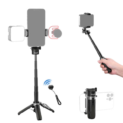 NEEWER Palo Selfie con Obturador Remoto Bluetooth Desmontable, Trípode Viaje Plegable y Ligero para iPhone, 360° Soporte Teléfono Zapata Fría para Youtube/TikTok Vlogs Fotografía en Vivo, Negro, P15