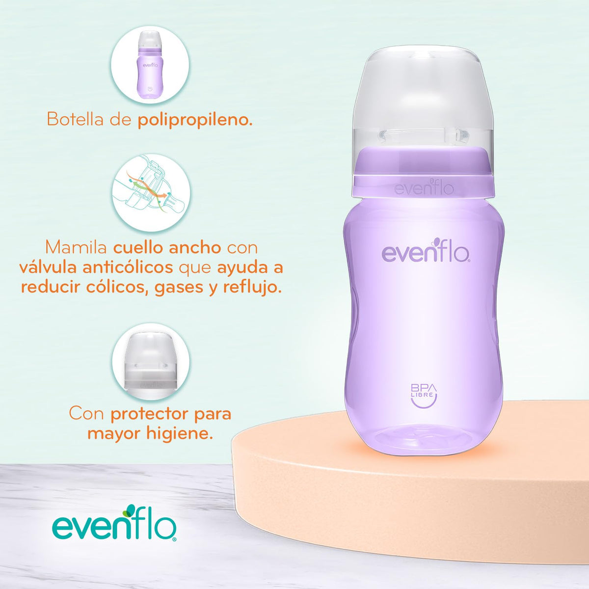 Evenflo Biberón Anticólicos de Dinosaurio para Niña, Cuello Ancho, 270ml/9oz, Rosa, Morado y Transparente, Flujo Medio, con Ventilación, 3 Piezas, para Bebés de 3 Meses en Adelante