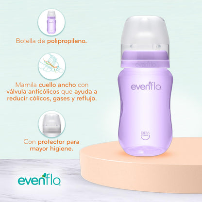 Evenflo Biberón Anticólicos de Dinosaurio para Niña, Cuello Ancho, 270ml/9oz, Rosa, Morado y Transparente, Flujo Medio, con Ventilación, 3 Piezas, para Bebés de 3 Meses en Adelante