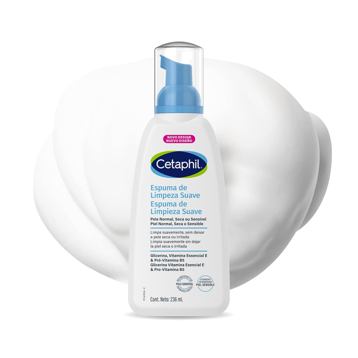 Cetaphil Espuma de Limpieza Facial Suave Glicerina Piel Sensible 236 ml | Autoespumante que elimina suciedad, grasa y maquillaje sin resecar, con glicerina, vitamina B5 y E para calmar piel sensible.
