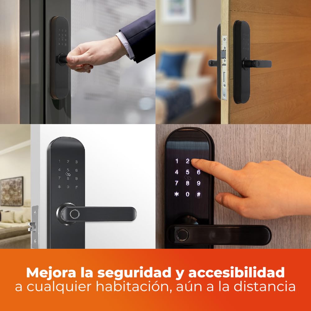 Tecnolite Connect - Cerradura Inteligente WiFi, 5 Métodos Apertura: Huella, Llave, Tarjeta RIFD y Contraseña, Acceso App Móvil, Protección IP43, Panel Touch Iluminado