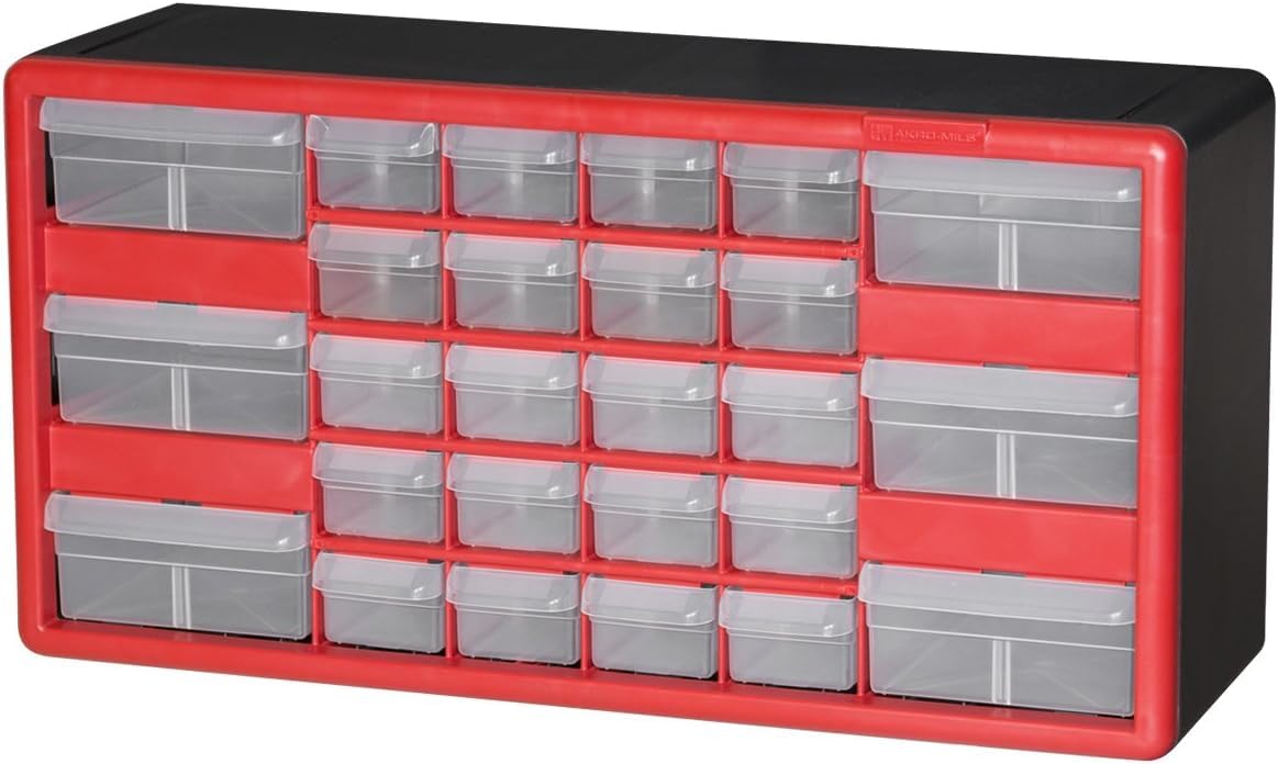 Akro-Mils 10126REDBLK 26 Drawer Plastic Parts Storage Hardware and Craft Cabinet, 20" x 10-1/4" x 6-3/8", Red/Black