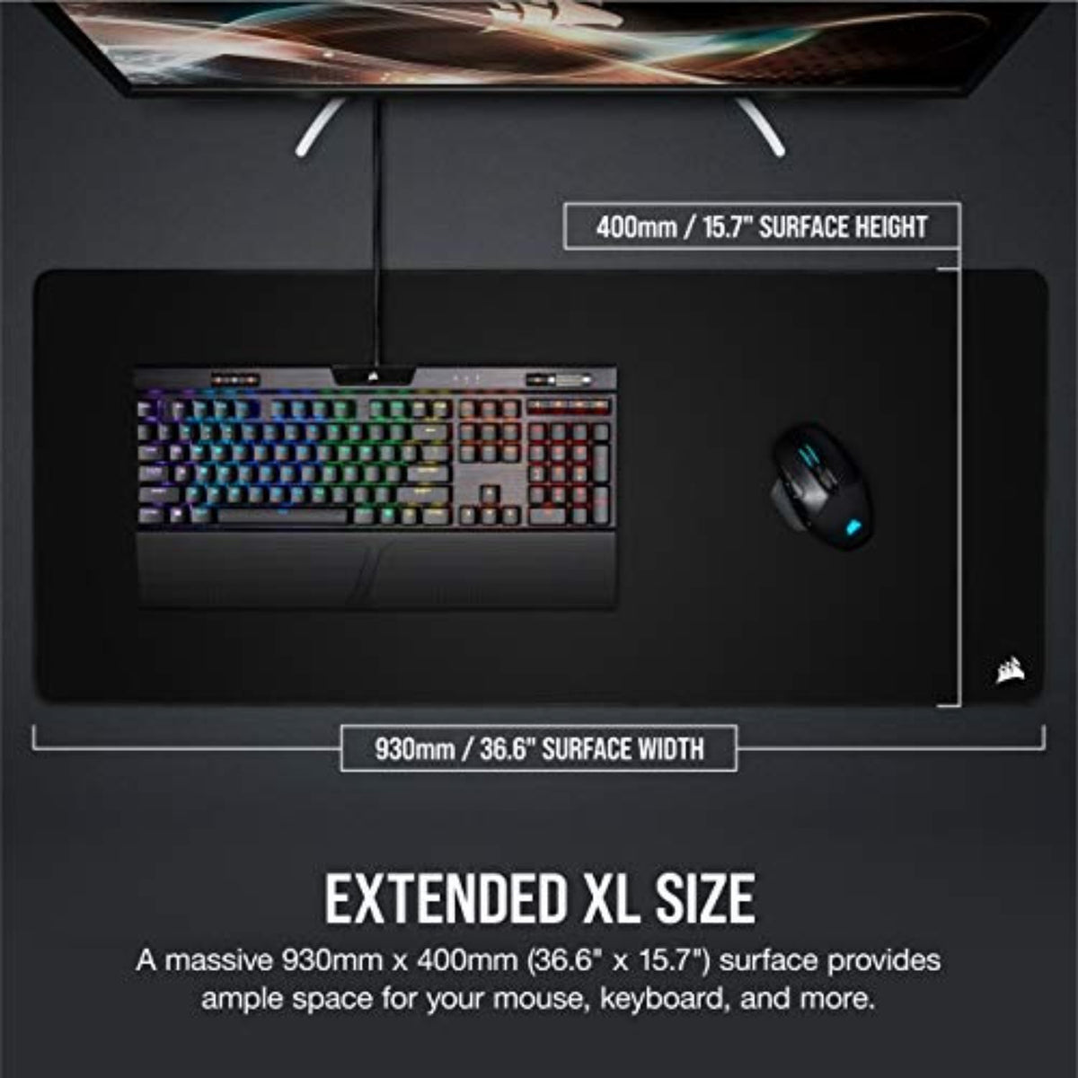 Corsair MM350 Pro Alfombrilla Tela a Prueba de Derrames para Juegos, Superficie 93 cm x 40 cm, Microtejido, Goma Afelpada Gruesa 4 mm, Base Goma Texturizada Antideslizante, Extendido XL – Negro