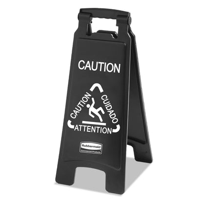 Rubbermaid Commercial Executive Series Wooden Multi-Lingual Caution Sign, Doble cara, Negro, 12" x 25"