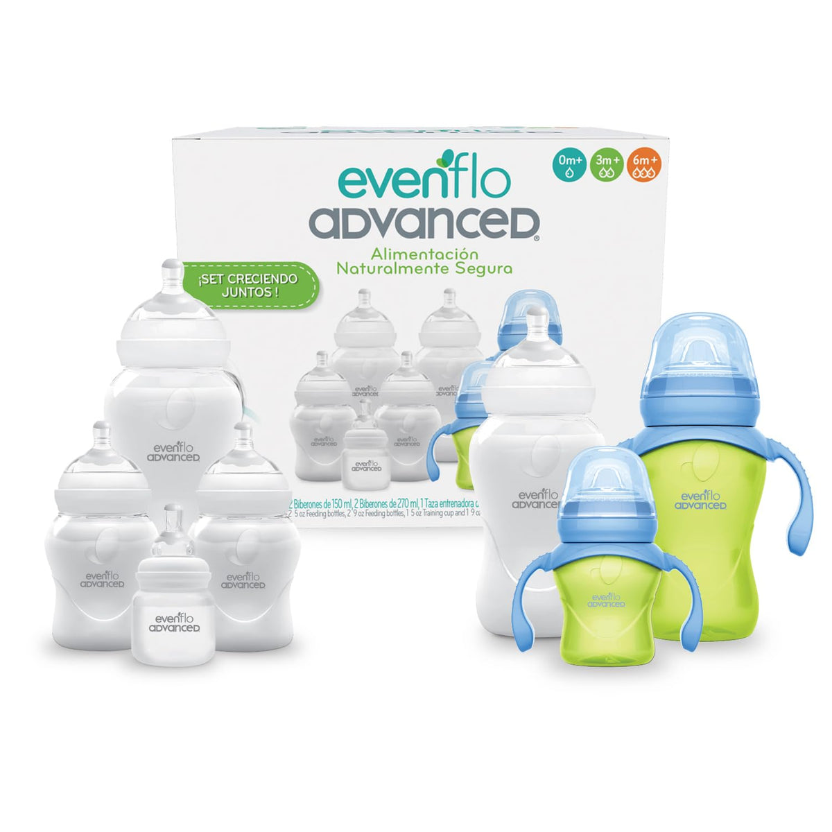Evenflo Advanced Set Creciendo Juntos, 7 Piezas con Biberones y Tazas Entrenadoras, 60ml a 270ml, Silicón Grado Alimenticio, Sin BPA, Sistema Anti-colapso, 0-6+ Meses